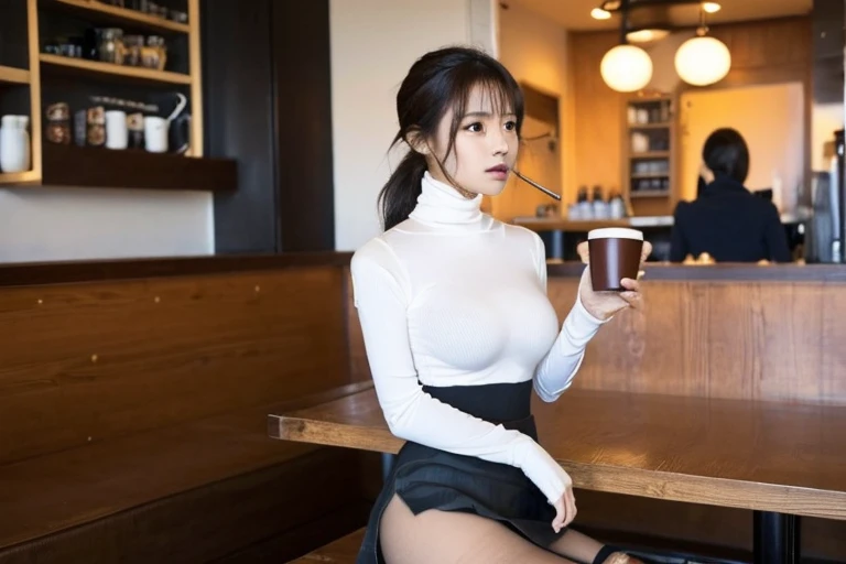 芝生の上に座ってDrinking coffee1人の女性がいます, At the coffee shop, sitting in a cafe, sitting in a cafe alone, Drinking coffee, Drink coffee, Mysterious Coffee Shop Girl, (((in white turtleneck shirt,Short skirt、Tight Skirt))), At the coffee shopコーヒーを楽しむ, Japanese Girls, 8k)), Sitting alone in a café, Drink bubble tea、(black tights、thin fabric tights,20 denier tights:1.2)、(Clothing that accentuates the contours of the body,Mid-chest:1.4)、Low ponytail、big breasts、(Beautiful legs、Sexy Legs、Long legs)