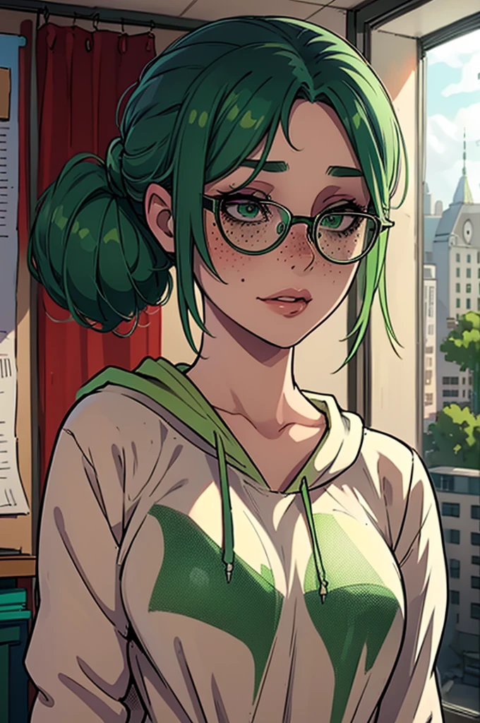 Masterpiece, best quality, 23 years old, college student, centered in frame, portrait, female, pale skin, shy expression, busty, nerdy, round frame glasses, eye bags, nervous, peach lips, tied up messy bun hair, pastel green hair, dorm room landscape, green eyes, wears baggy hoodie, green freckles, beautiful,