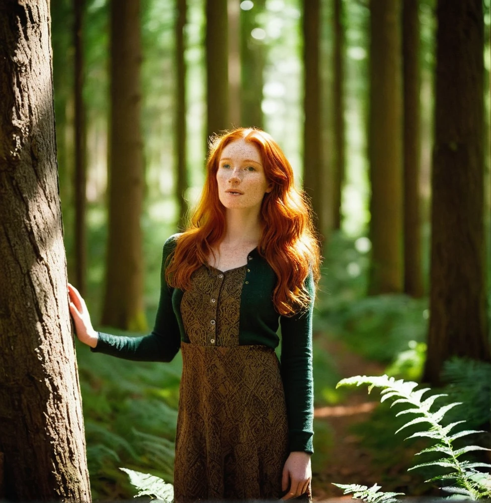 Deep in an enchanted forest, shafts of dappled sunlight pierce through the dense foliage, illuminating a secluded glade where a 25 years old redhead girl stands, her freckles catching the light as she gazes up at the towering trees in awe, dressed in practical yet alluring attire that blends seamlessly with the natural surroundings, a sense of wonder and reverence permeates the air, Sculpture, crafted from clay and painted with earthy tones to evoke the mystical allure of the forest, --ar 1:1 --v 5