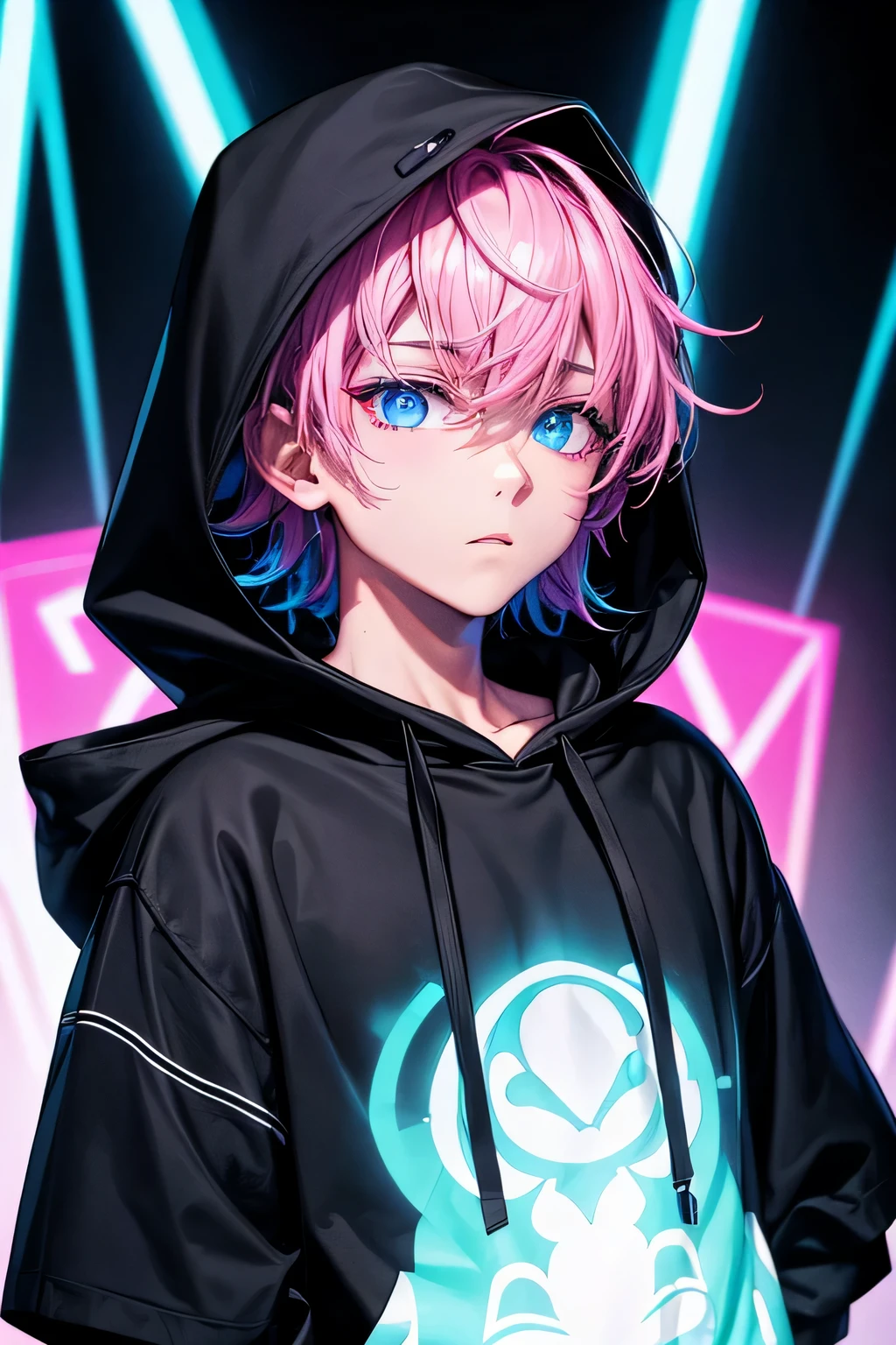BOYS
HIP-HOP Fashion
Black Big Hoodie
Hooded
Upper body depiction
Perfect facial expression
Perfect hairstyle description
Perfect clothing description

In the club
Night
Neon lights