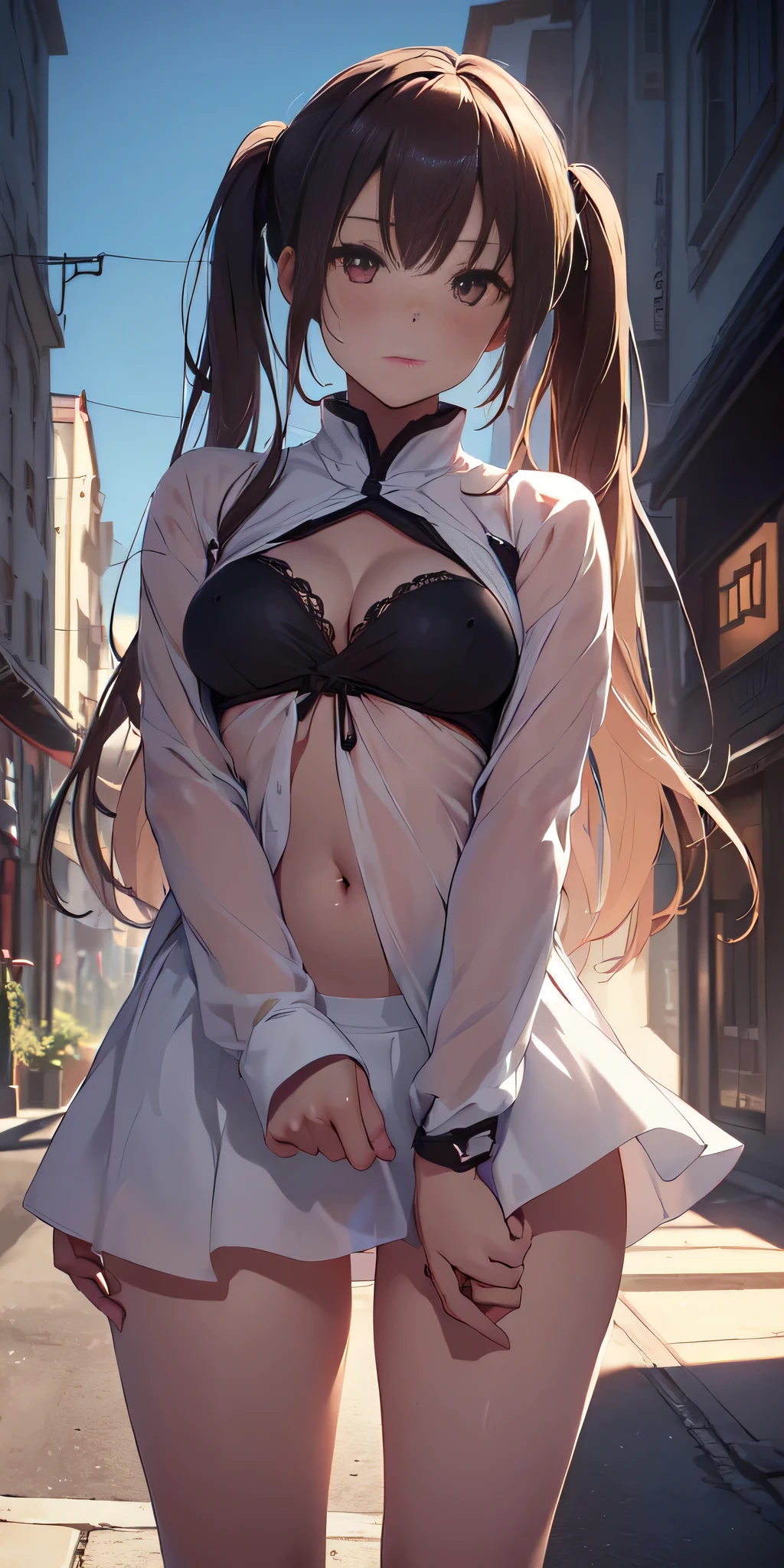 All intricate details: "(masterpiece, best quality, Nobara Kugisaki- anime: Jujutsu Kaisen, 1girl, perfect body, solo, blush, symmetrical face, twintails, long hair, hair between eyes, ((very short street wear very short clothes)), city, outdoors, night, extremely detailed, ropa muy delgada y transparente como el aire, very open legs, firm breasts, medium breasts, smooth, high resolution, ultra quality, extremely thin and light clothing transparent as air, open clothing, 15% dree, cinematic lighting, ambient occlusion, extremely detailed anime, Extremely wide diamond neckline, all clothes unbuttoned and open, detailed faces, perfect composition, wide shot, atmospheric lighting, very sexy, lift skirt, random low angle, respetuoso sin censura, image suitable for adults, nsfw , uncensored)