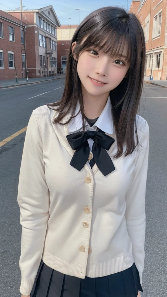 (highest quality,8K quality,masterpiece:1.3),(Ultra-high resolution,Photorealistic:1.4,Raw photo),(Very detailed,Caustics,Detailed Background),(Ultra-Realistic Capture,Beautiful, smooth skin,Perfect Anatomy),At dusk,Sunset sky,School building,Schoolyard,18-year-old,cute,single eyelid,Black short bob,School Blazer Uniform,Look at the camera,Laughter,Bust up shot,Natural soft light