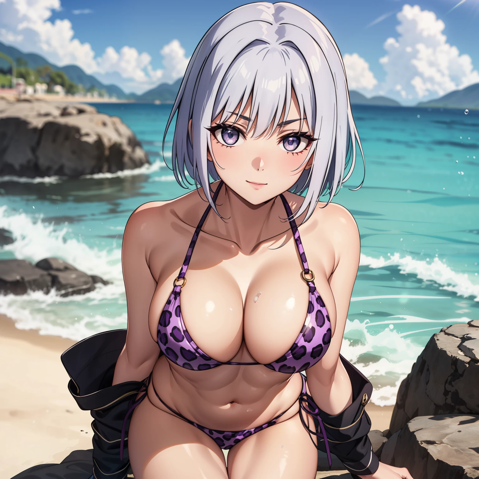 mujer. 27 years old short silver hair, ojos plateados. cinta azul en su cabeza, sonrisa ligera. purple leopard print bikini, fondo una playa cristalina. una sola mujer. mujer sola. pale skin. gotas de agua en su pecho.