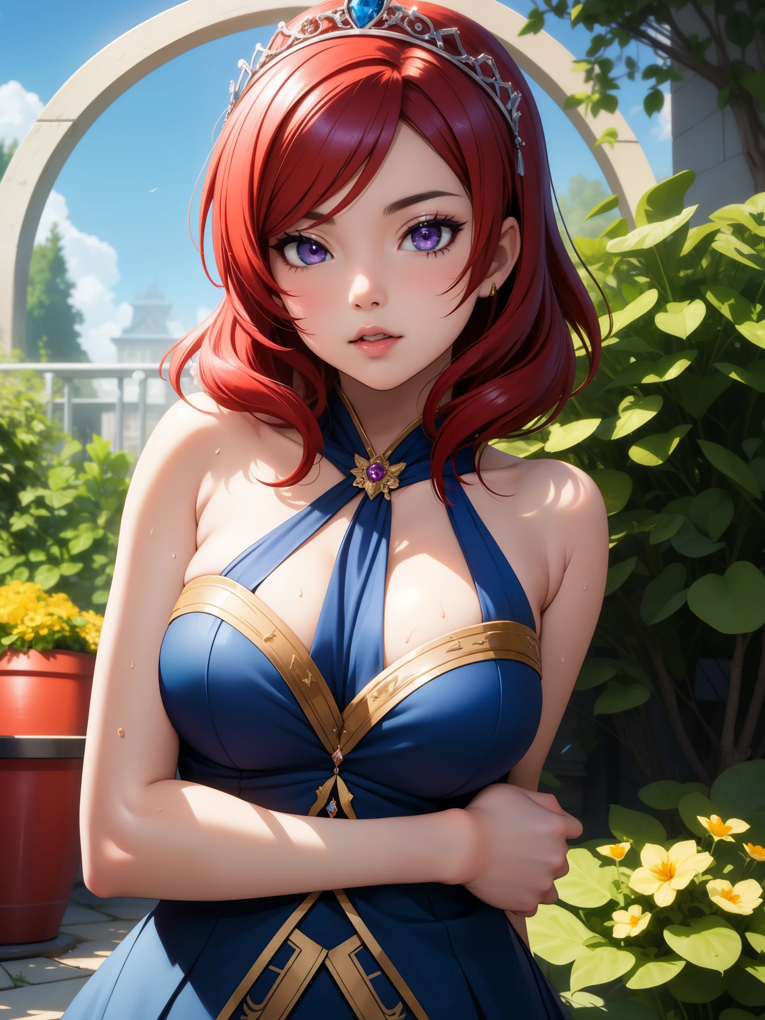 (Masterpiece, Best Quality, High Quality), volumetric lighting, illustration, beautiful, perfect lighting, perfect shadows,Nishikino maki ,face focus,only face, solo, purple eyes ,red hair , white top,halter neck,tiara, (moist skin:1.1), (shiny skin:1.2),garden, blue sky