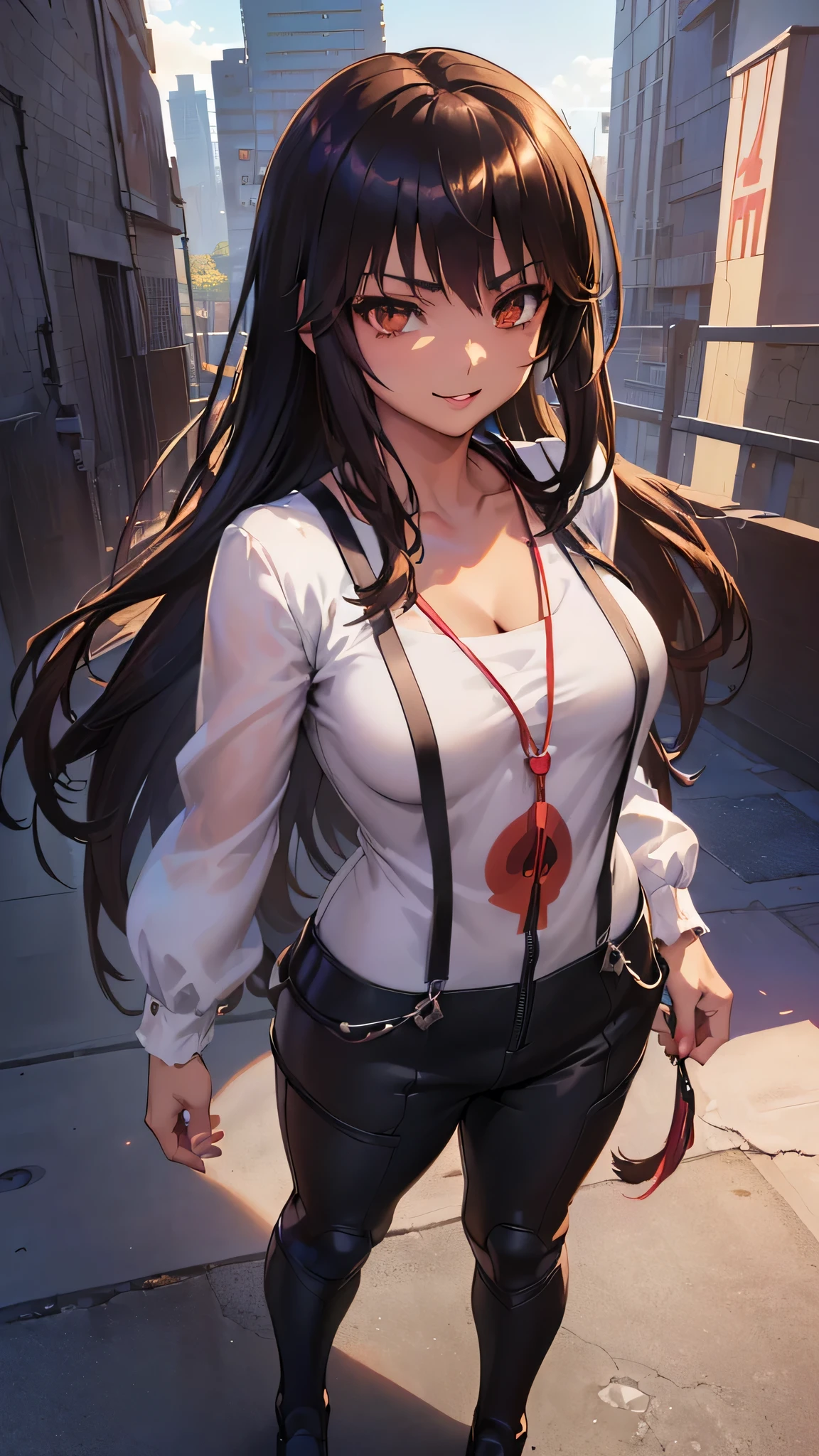 ((collar,leash,tied up,bondage,scared expression)),black hair,red eyes,shorts,top-tank