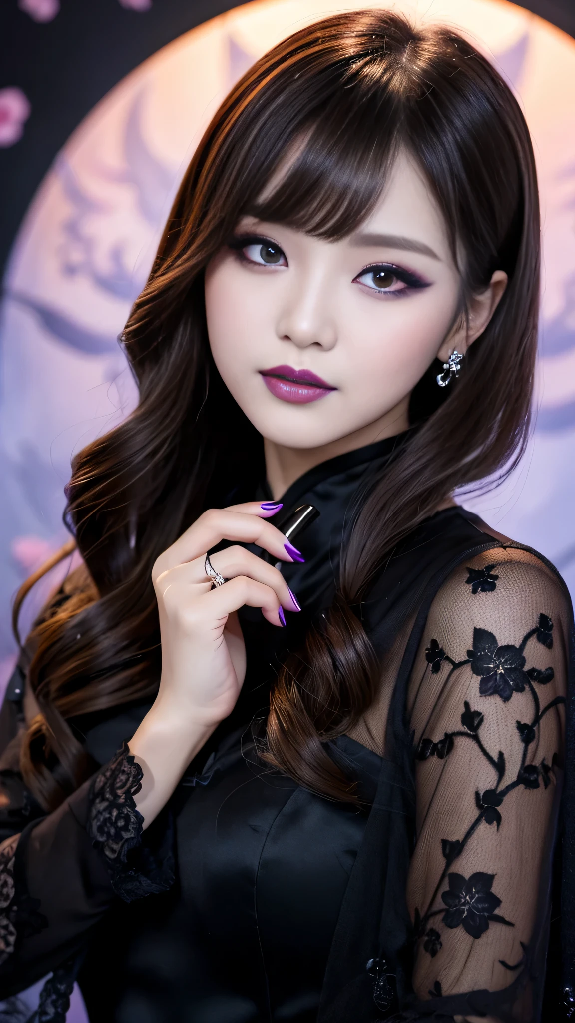 2girls、best quality、ultra-detailed、4k、Japanese、Seductive beauty、seductive adult woman、Pretty Woman、cool girl、Villainess、Brainwashed、brainwash、Fallen into evil、smirk、Evil look、Wicked Smile、evil、Brown hair、wavy hair、swept bangs、dark makeup、dark makeup、piercing eyes、hollow eyes,half-closed eyes、Hollow Eyes、Purple Eyeshadow、black lipstick、black lipgloole around the mouth、Long Black Cheongsam、Wide sleeves、night、Eerie Citadel、makeup brush、Make up、Are standing、Sticky liquid、lotion