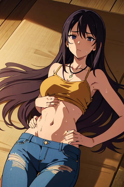 tan skinned anime woman wearing a cami top and high waist jeans, famished in hunger, (necklace), (gently resting hands on stomach), (sweating), (lying down), (long hair), (hands on stomach)