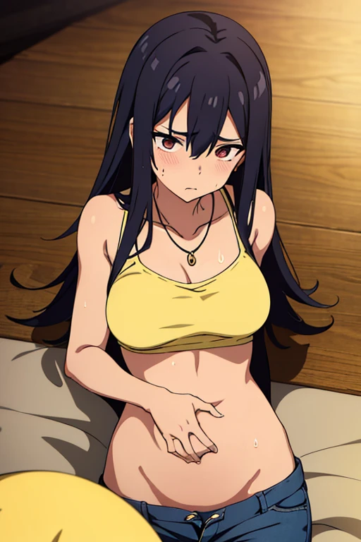 tan skinned anime woman wearing a cami top and high waist jeans, famished in hunger, (necklace), (gently resting hands on stomach), (sweating), (lying down), (long hair), (hands on stomach)
