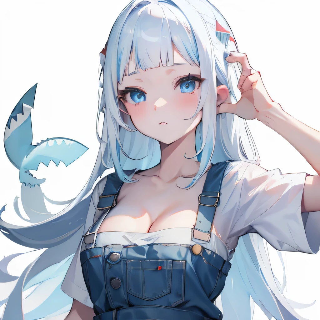 Girl, light blue and white hair, pale, lips, white soaked shirt, straight hair, bangs, light blue eyes, confident, sharp teeth, cleavage, feminine, shark accessories, overall, white background, cute