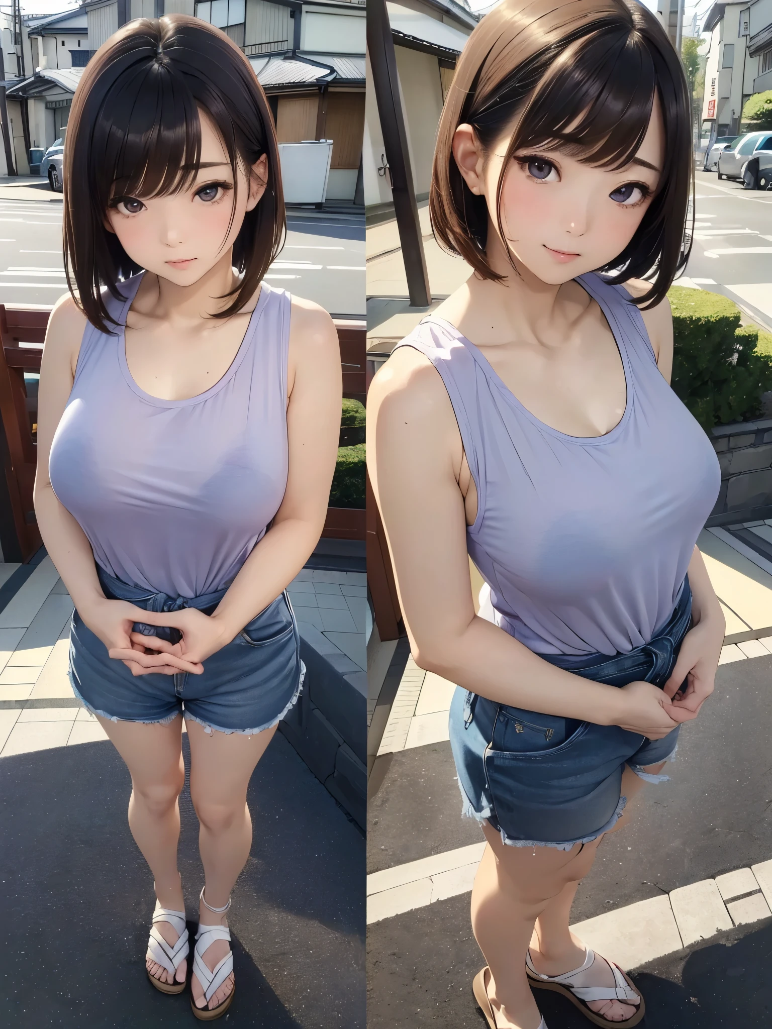 (((masterpiece))),(((High resolution)))、(((8K)))、(((perfect face)))、(((beauty of japan)))、40 years old、(((beautiful face))), (((tanktop))), panty, embarrassed look, look at the camera, (thighs)、top quality eyes, detailed texture, look at the camera, standing, plump, big 、((grammar body))