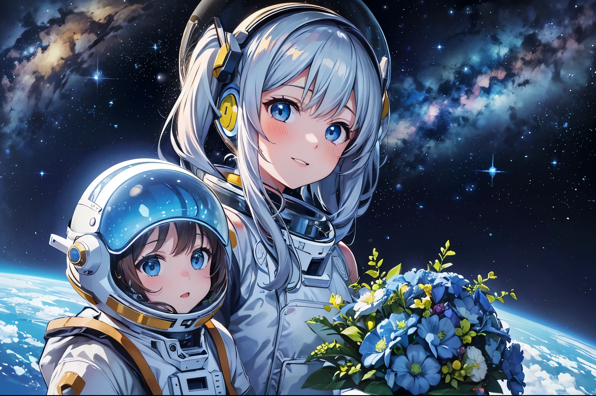 (((masterpiece))), highest quality, Very detailed, anime, (Spacesuit:1.2), (Spacesuit helmet:1.2), (Spacewalk:1.2), (Spaceship).(Holding a bouquet:1.2), Pretty dark eyes、smile、(((girl))), (((alone))), Happy, whole body, (((Deformed))), (((beautiful girl))), (space background), (milky way)、Light blue long hair、Twin tails、レオタードのSpacesuit、Spaceship