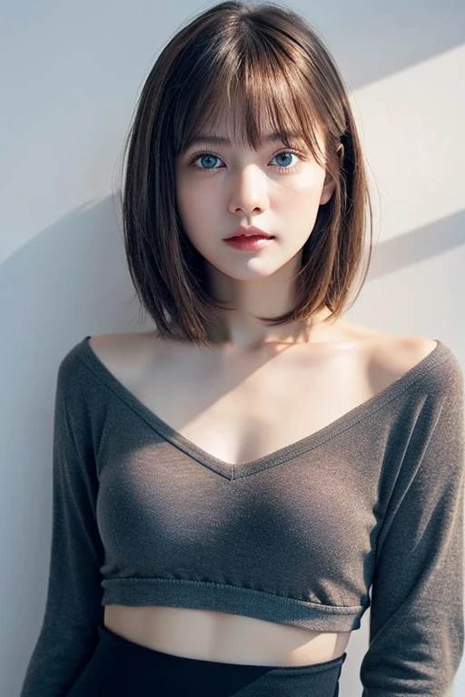 1 girl, whole body、Starry Eyes, blush, Perfect lighting, brown hair, blue eyes, Unreal Engine, Side light, Detailed face, bangs, White skin, Simple Background, Dark Background、casual outfit、emphasizing slender abs