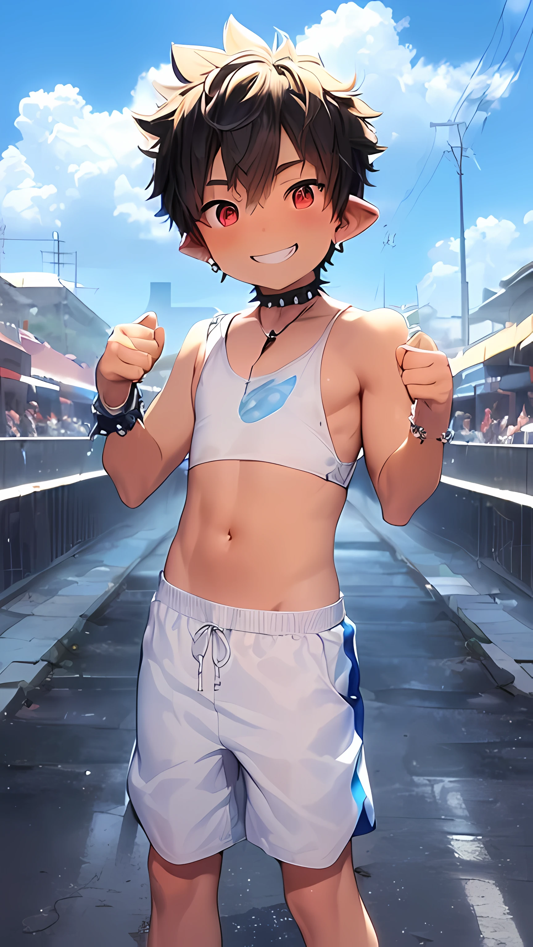 (shota:1.5), (((baggy white tank top)), ((blue swimming pants)), (((pointing viewer))), (((best quality))), (((masterpiece))), (ultra detailed), (skinny:1.3), (spiked hair), wind blowing, black hair, wine red eyes, ((raised hands)), (((smiling))), ((earings)), blue sky, grass, (choker on neck), ((full body shot)), (((long shot))), ((nipple)), 