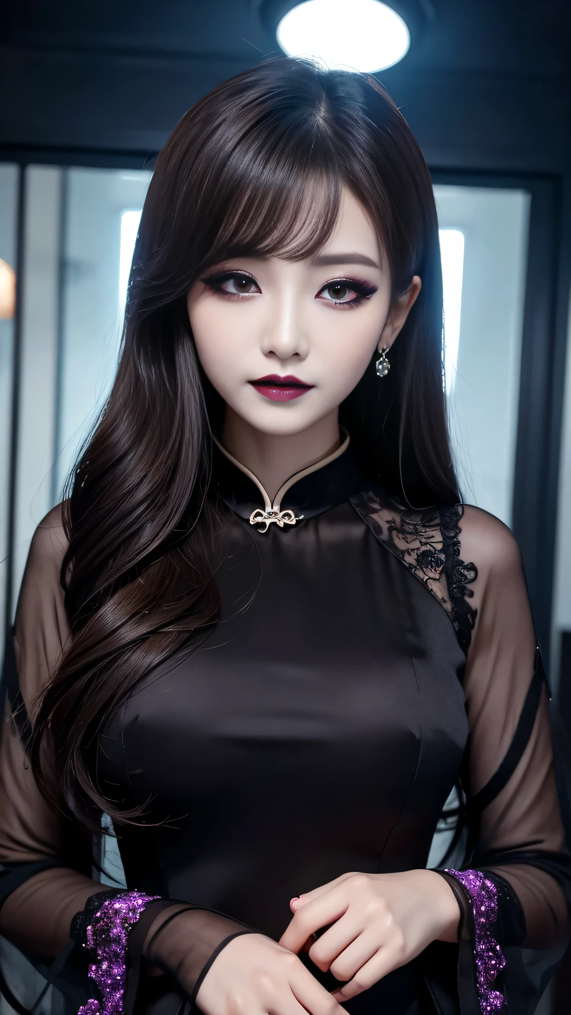2girls、best quality、ultra-detailed、4k、Japanese、Seductive beauty、seductive adult woman、Pretty Woman、cool girl、Villainess、Brainwashed、brainwash、Fallen into evil、smirk、Evil look、Wicked Smile、evil、Brown hair、wavy hair、swept bangs、dark makeup、dark makeup、piercing eyes、hollow eyes,half-closed eyes、Hollow Eyes、Purple Eyeshadow、black lipstick、black lipgloole around the mouth、Long Black Cheongsam、Wide sleeves、night、Eerie Citadel、makeup brush、Make up、Are standing、