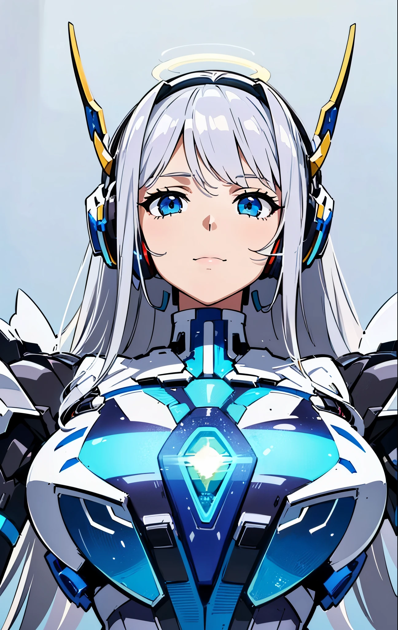 ((Lenses shining on both breasts:1.3))、((A blue pillar of light shines from both of his chests..:1.3))、(Dynamic pose:1.3)、smile、((8k)), ((32k)), ((highest quality)), ((masterpiece)), ((超A high resolution)), ((Tmasterpiece)), ((halo:1.4))、((Mechaニカルheadgear:1.2))、((Cyber Headphones:1.3))Fine skin, High quality fabric, Fine metal texture、((Beautiful and dense face))、RAW Photos、Professional, Ultra-fine painting, ((alone)), Beautiful breasts、highest quality, Very detailed, Very detailed詳細, Finer details, so beautiful, ((Princess Knight Robot:1.2)), (Joint of the machine, Mechanical Limbs:1.3), (The internal structure of the machine is exposed:1.3), (Long silver hair:1.1), White Veil, cowboy_shot, Side Focus, headgear, Shiny、(Five Fingers, Four fingers and thumb),Concept Art, Anime fantasy artwork, Detailed fantasy art, (with pale blue-violet hair and large white wings,,,,,,), (((Long silver hair))), (Mecha:1.6)、Sleek and intimidating design, ((Commander in Chief's Arms)), (Perfect robot body)、Pure white and blue-purple 腕or, symmetrical wings, 8k high quality detailed art, 3D rendering of character art in 8K, neat legs, Defined, Defined fingers,((headshot:1.3))