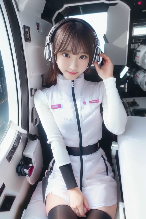 ((NSFW: 1.4)), ((Detailed face, Professional photography)), ((NSFW, zettai ryouiki, 1 girl)), Ultra-high resolution, (Realistic: 1.4), RAW Photos, highest quality, (PhotoRealistic Stick), concentrated, Soft Light, ((30 years old)), ((Japanese)), (( (Young Face))), (surface), (Depth of written boundary), masterpiece, (Realistic),(inside ISS):3, woman, ,astrovest:2,headphone:2,smartwatch,,bangs, ((1 girl)),(black sleeves):2,(black tights):2,inside spacestation,inside spacecraft,,zero gravity,smile,open leg,blush:1.5,hidden hands,neotech