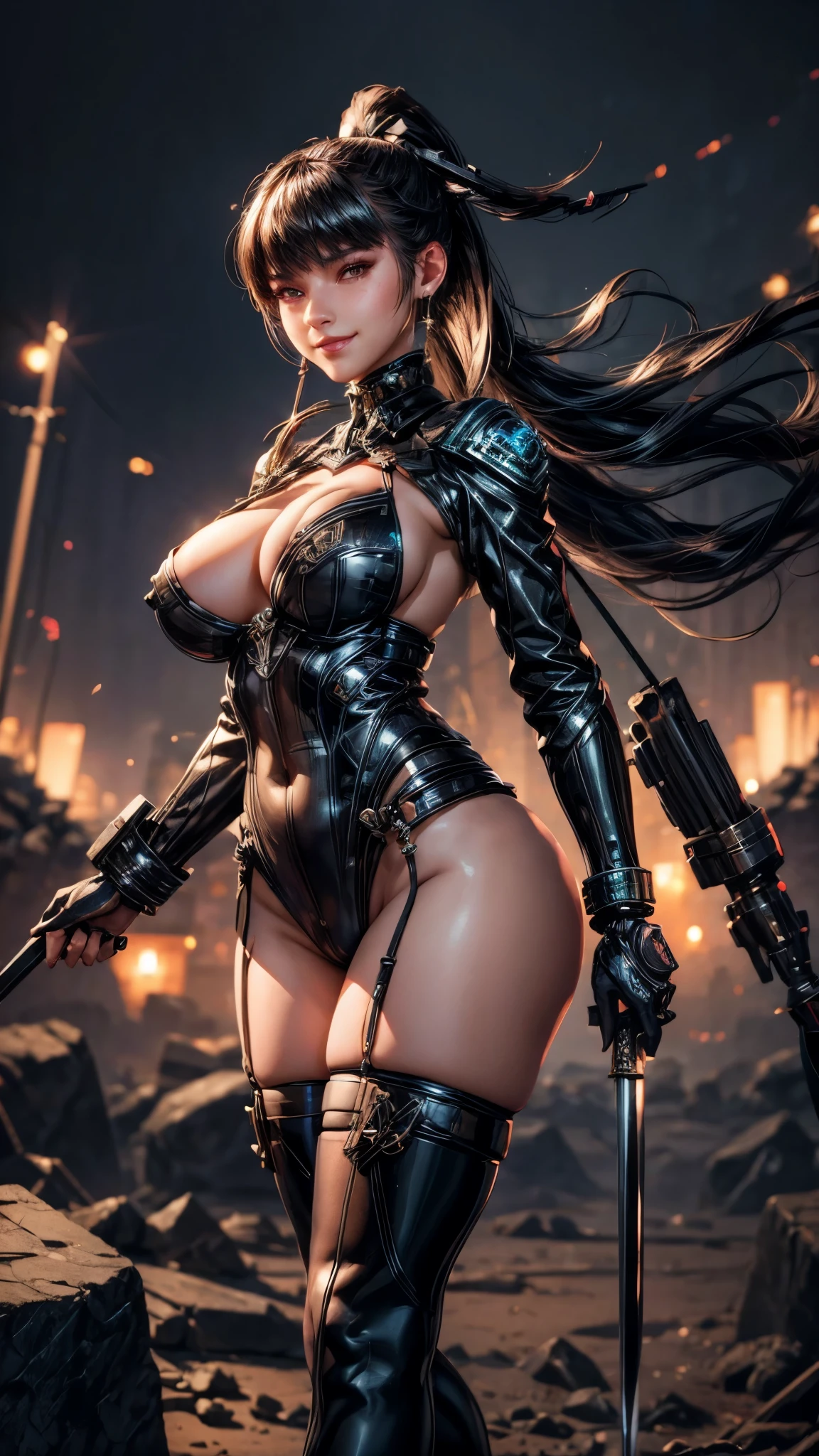 Eve, Stellar Blade, big breast, thicc thighs, 1girl,solo,heavy makeup,cute,earrings,ring braid,(lewd smile:1.1),holding long mechanical Sword,ponytail,idol,hooker,military uniform,(battleground:1.1),