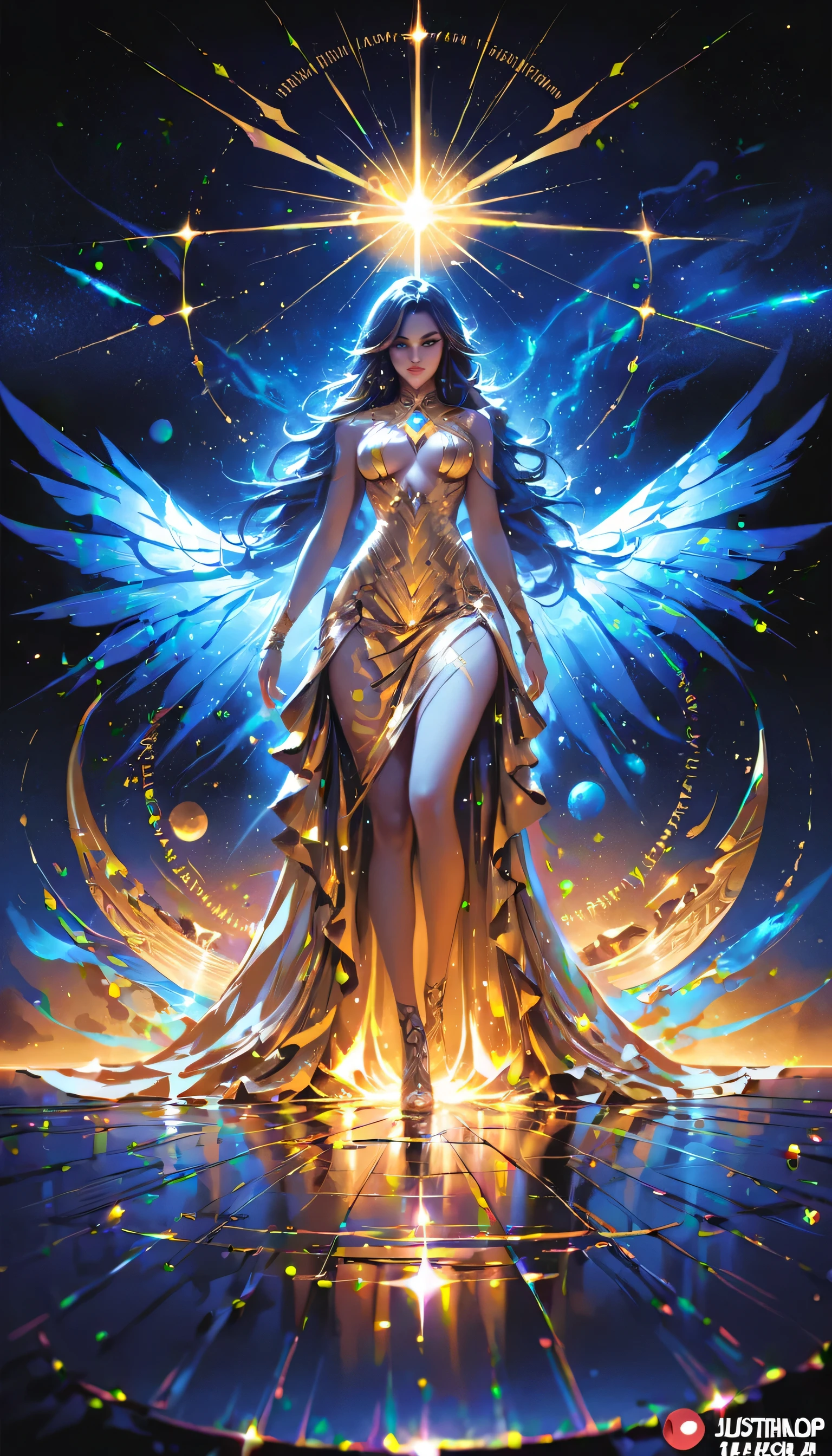 (The Goddess of Sand, beautifully decorated like in the movie, Golden Dress, Shiny gold tattoo), (Galactic Shaman with Quantum Energy Fantasy), Fantasy magic, Long Hair, Dark light night, Complex, Ethereal, Sharp focus, figure, Very detailed, Digital Painting, concept art, mat, (art:wlop), (Justin Gerard and Jason Edmiston: 1.5), (By Greg Rutkowski: 0.4), (By Alfonse Mucci: 0.4), masterpiece