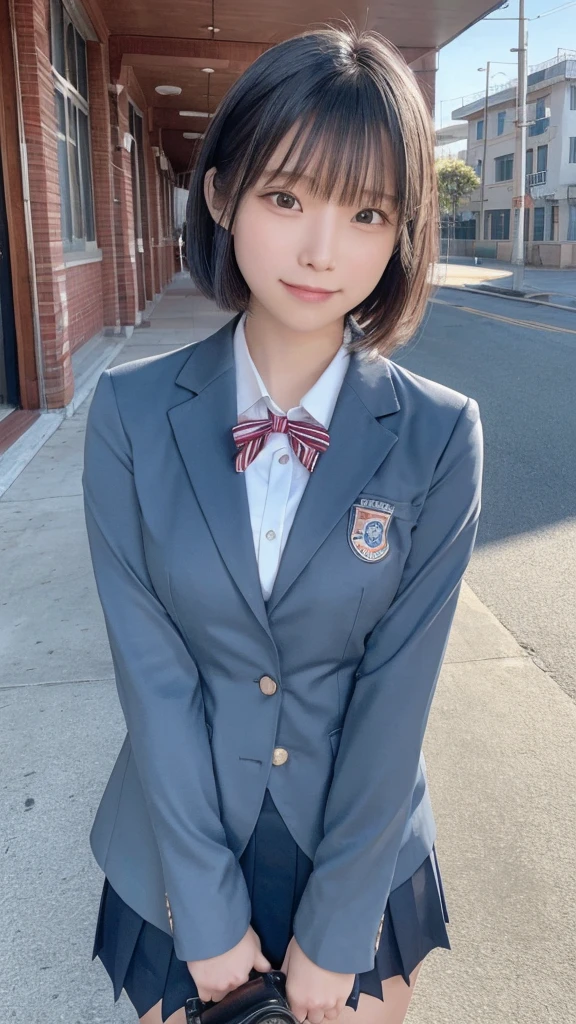 (highest quality,8K quality,masterpiece:1.3),(Ultra-high resolution,Photorealistic:1.4,Raw photo),(Very detailed,Caustics,Detailed Background),(Ultra-Realistic Capture,Beautiful, smooth skin,Perfect Anatomy),At dusk,Sunset sky,School building,Schoolyard,18-year-old,cute,single eyelid,Black short bob,School Blazer Uniform,Look at the camera,Laughter,Bust up shot,Natural soft light
