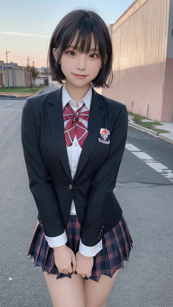 (highest quality,8K quality,masterpiece:1.3),(Ultra-high resolution,Photorealistic:1.4,Raw photo),(Very detailed,Caustics,Detailed Background),(Ultra-Realistic Capture,Beautiful, smooth skin,Perfect Anatomy),At dusk,Sunset sky,School building,Schoolyard,18-year-old,cute,single eyelid,Black short bob,School Blazer Uniform,Look at the camera,Laughter,Bust up shot,Natural soft light