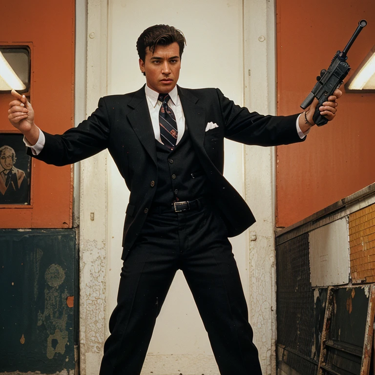 retro detailed painting form the 1990s a character study sheet full body slice-of-life character study of ruthless young businessman from the 1980s as if action hero with uzi 9mm machine gun