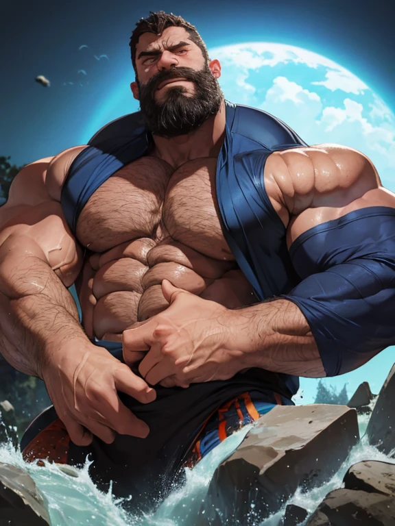 (giant, colossal, muscular, gigantic werewolf man, torn clothes, muscles tearing clothes, evil, expressive angry face, bright blue eyes, looking foward, well-defined chin, very well defined bearded face, towering presence, overwhelming size, immense power, massive strength), gigantic man, expressive face, well-defined chin, very well defined bearded face, growing in size with each passing moment, expanding exponentially, becoming larger and larger than everything, dominating the landscape, a true titan, with every muscle and sinew rendered in detail, every bulge and vein meticulously captured, showcasing the (power, strength, intensity) emanating from his form, he crushes buildings with his muscles, he destroys everything with his chest.