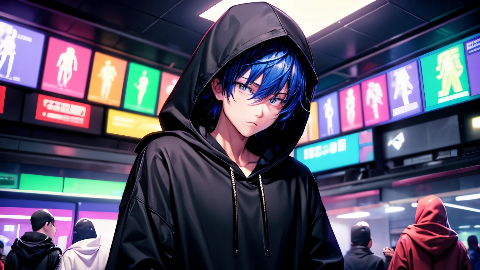 BOYS
HIP-HOP Fashion
Black Big Hoodie
Hooded
Upper body depiction
Perfect facial expression
Perfect hairstyle description
Perfect clothing description
Night
Neon lights