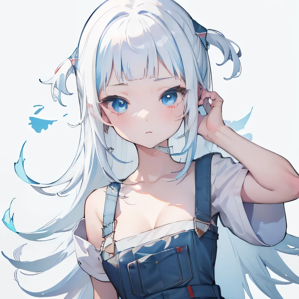 Girl, light blue and white hair, pale, lips, white soaked shirt, straight hair, bangs, light blue eyes, confident, sharp teeth, cleavage, feminine, shark accessories, overall, white background, cute