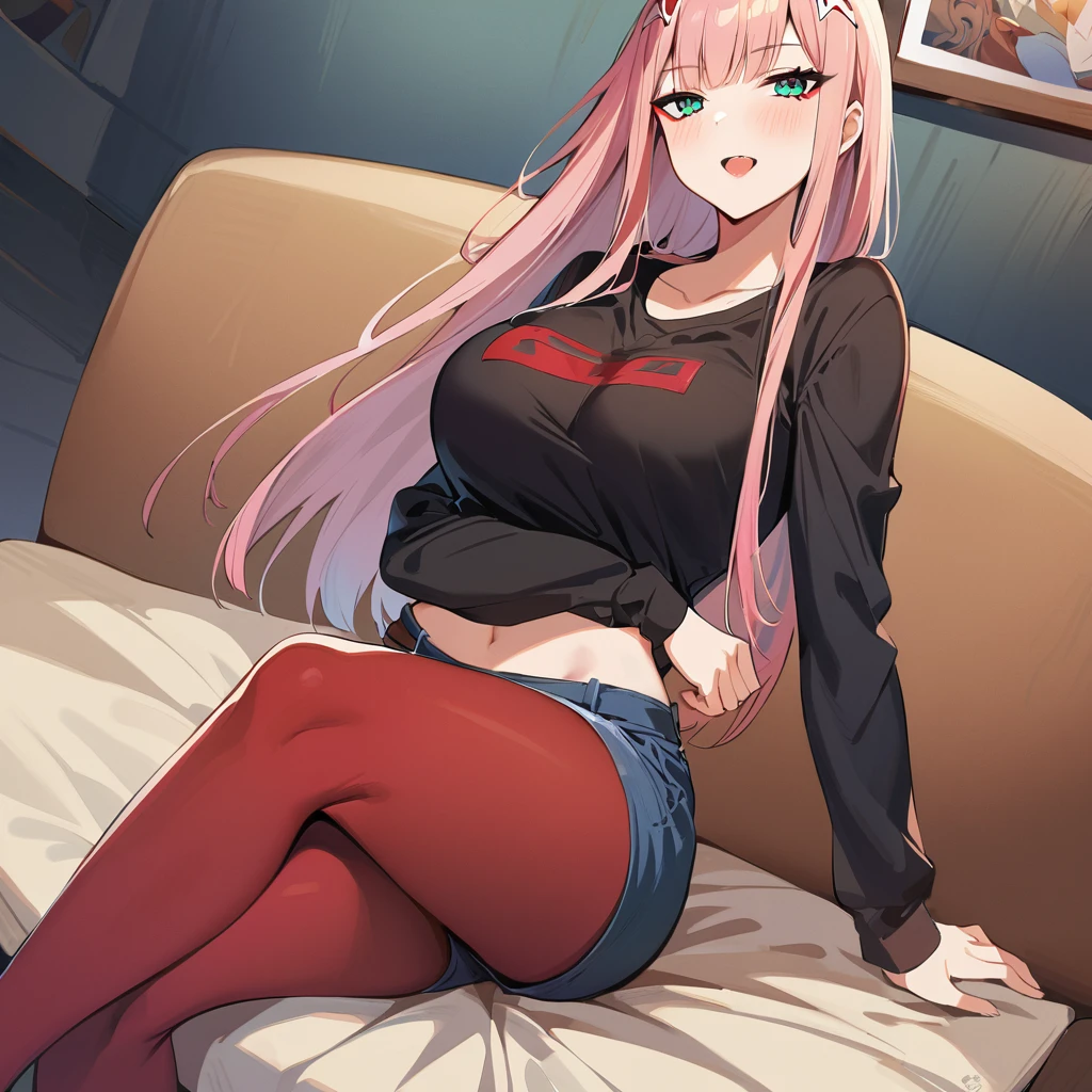 (masterpiece, best quality:1.2), 1girl, solo,
long hair, Zero two, falda corta, playera negra corta, muslos grandes, pechos grandes, muslos grandes, medias 