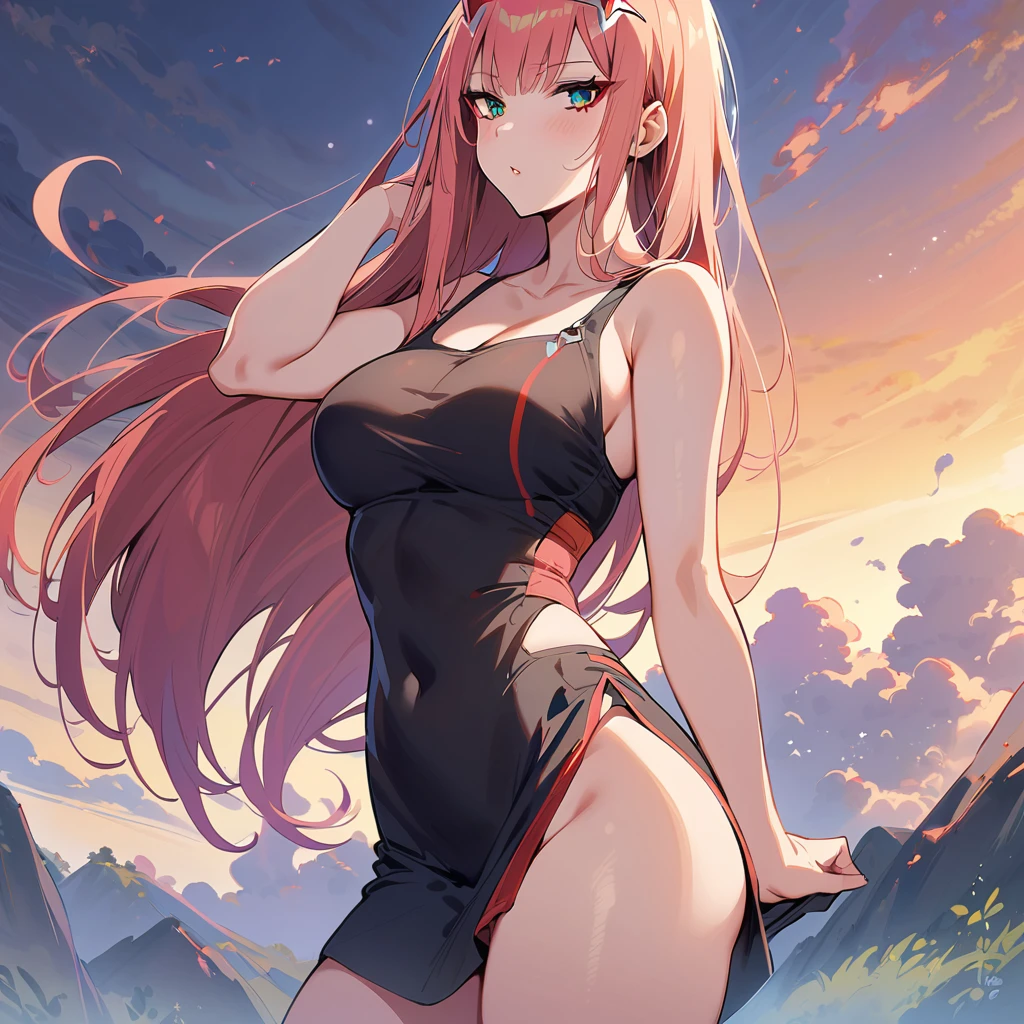 (masterpiece, best quality:1.2), 1girl, solo,
long hair, Zero two, falda corta, playera negra corta, muslos grandes, pechos grandes, muslos grandes, medias