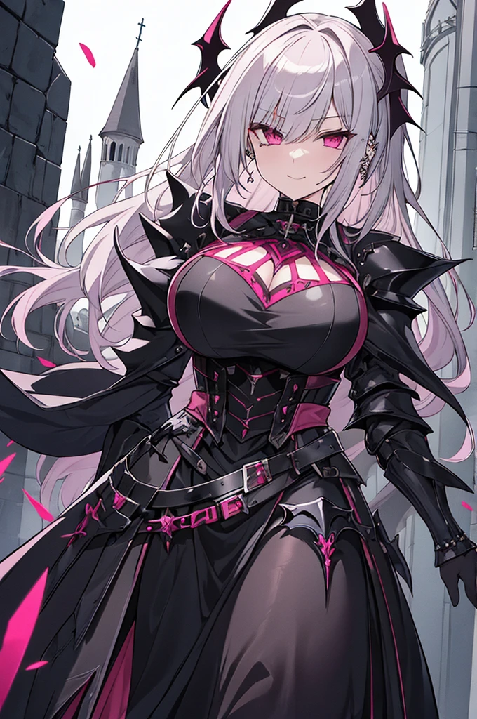 vampire、The most beautiful gothic warrior princess, Gray Hair, Pink Eyes, Detailed black combat armor, Tattoos and Piercings, Huge ,  The wind-blown balcony of Devil&#39;s Castle, high quality, High resolution