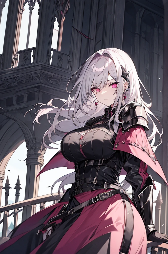 vampire、The most beautiful gothic warrior princess, Gray Hair, Pink Eyes, Detailed black combat armor, Tattoos and Piercings, Huge ,  The wind-blown balcony of Devil&#39;s Castle, high quality, High resolution