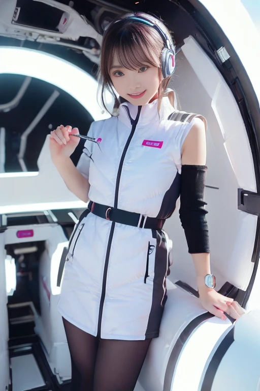 ((NSFW: 1.4)), (acrobatic pose):10,((Detailed face, Professional photography)), ((NSFW, zettai ryouiki, 1 girl)), Ultra-high resolution, (Realistic: 1.4), RAW Photos, highest quality, (PhotoRealistic Stick), concentrated, Soft Light, ((30 years old)), ((Japanese)), (( (Young Face))), (surface), (Depth of written boundary), masterpiece, (Realistic),(inside ISS):3, woman, ,astrovest:2,headphone:2,smartwatch,,bangs, ((1 girl)),(black sleeves):2,(black tights):2,inside spacestation,inside spacecraft,,zero gravity,smile,open leg,blush:1.5,hidden hands,neotech