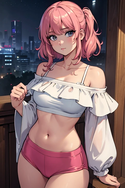 ((Extremely detailed)),(Very detailed), Very detailed CG ユニティ 8k 壁紙,highest quality, masterpiece, Emily_t8, Off the shoulder, Pink Crop Top,