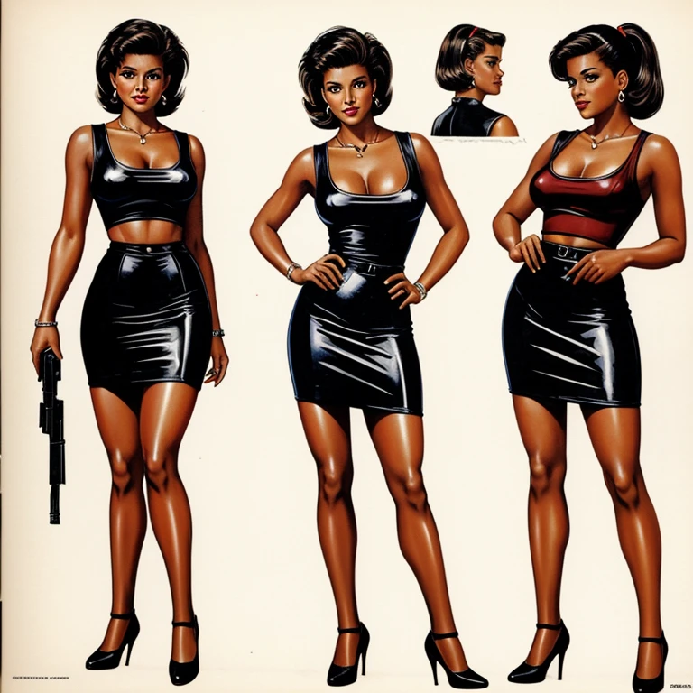 retro detailed painting form the 1990s a character study sheet full body slice-of-life character study of ruthless young businesswoman from the 1980s as if action hero with uzi 9mm machine gun