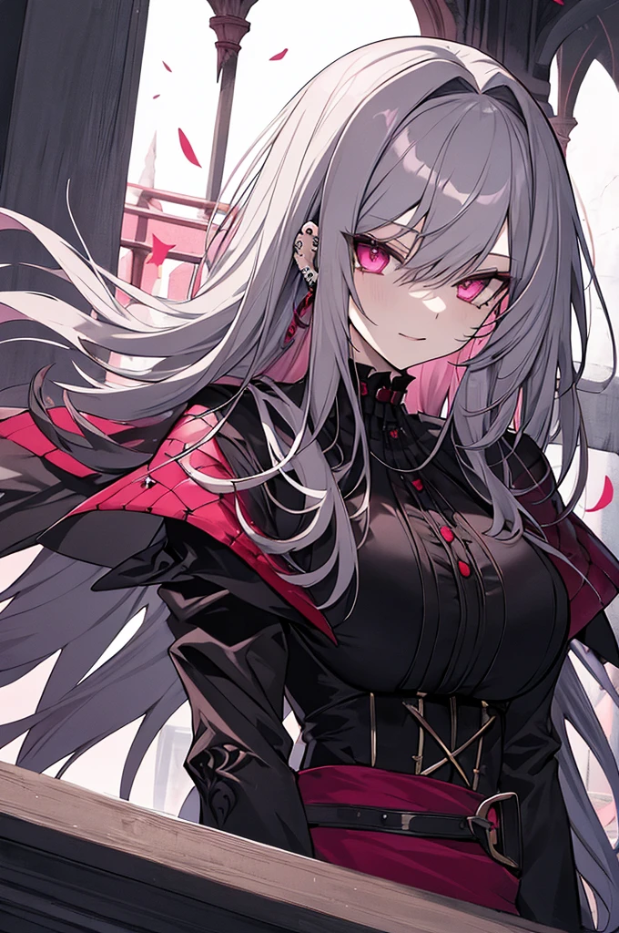 vampire、The most beautiful gothic warrior princess, Gray Hair, Slanted Eyes、Pink Eyes, Detailed black combat armor, Tattoos and Piercings, Huge , The wind-blown balcony of Devil's Castle, Under the Red Moon、high quality, High resolution