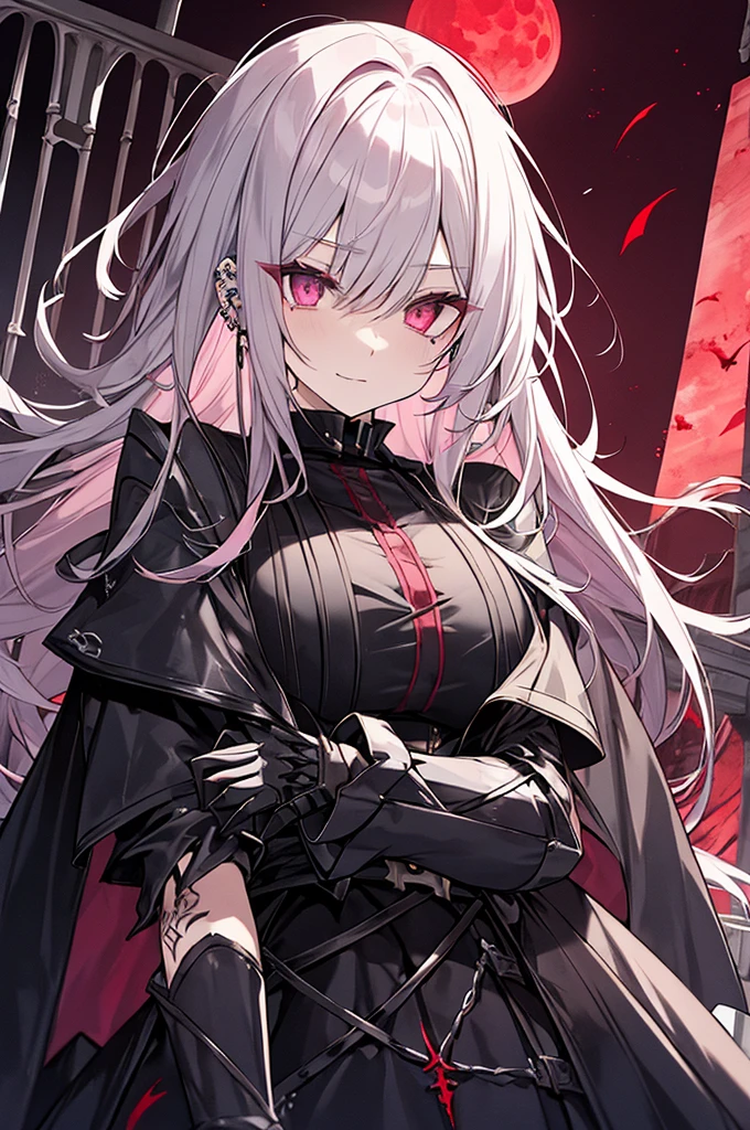 vampire、The most beautiful gothic warrior princess, Gray Hair, Slanted Eyes、Pink Eyes, Detailed black combat armor, Tattoos and Piercings, Huge , The wind-blown balcony of Devil's Castle, Under the Red Moon、high quality, High resolution