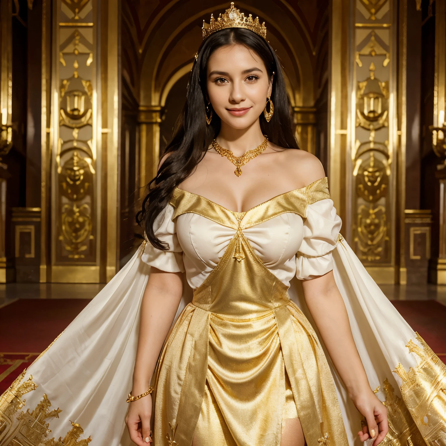 Araffe woman in a gold dress and a crown poses for a picture - SeaArt AI