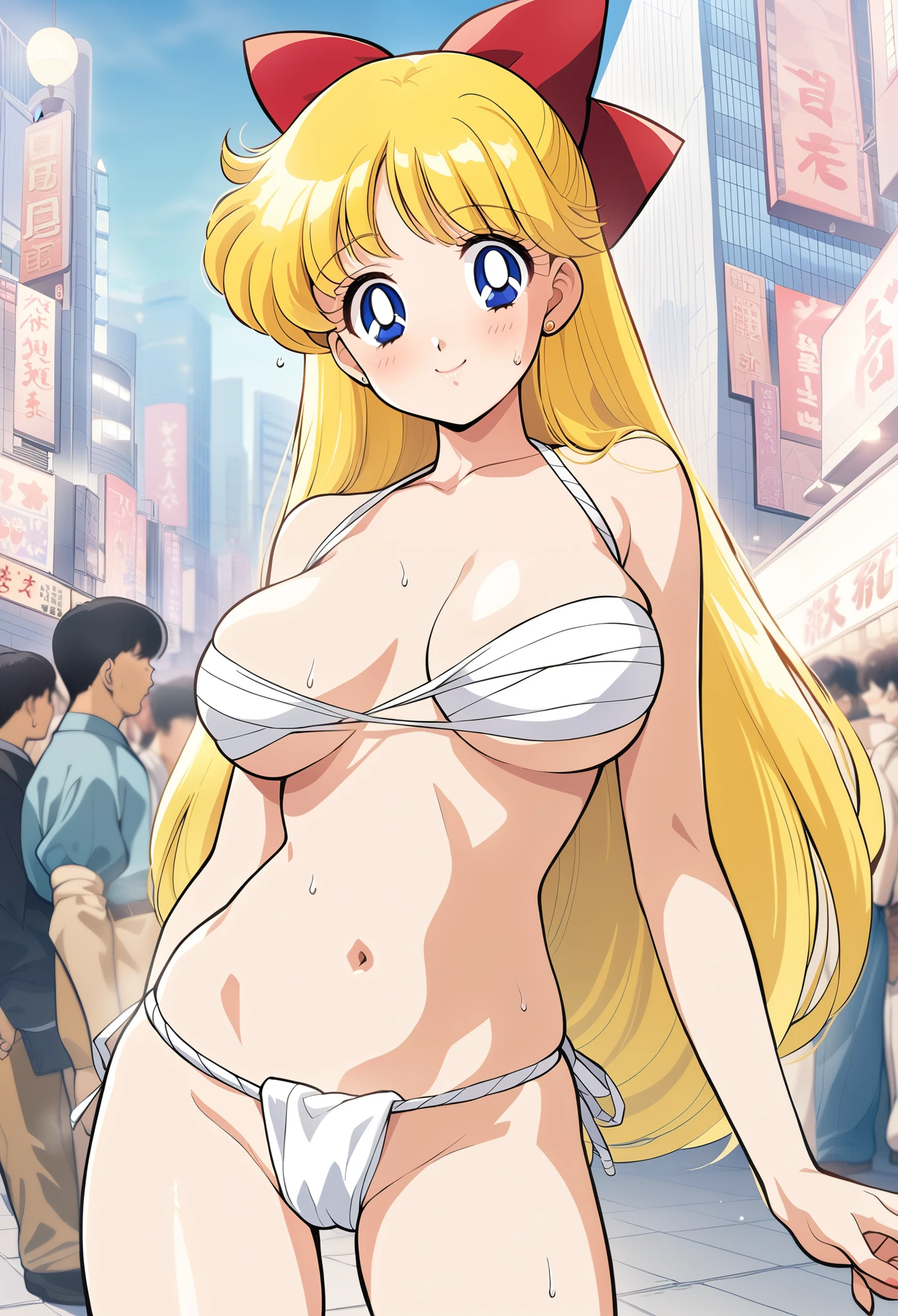 aavenus, BREAK,official art, cowboy shot, 1girl, , big eyes, bandage around breasts, fundoshi, large breasts, cleft of venus, long hair, blonde hair, bangs, hair bow, smile, blue eyes, blush, japan, city, crowd, (1990s (style):0.9), looking at viewer, sweat, masterpiece, best quality