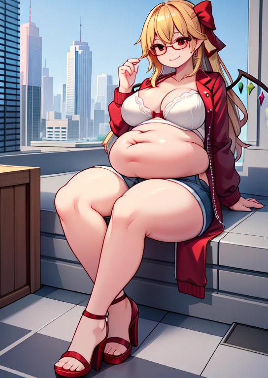 (masterpiece, best quality, highly detailed), 1girls, big belly, huge belly, art by kipteitei, round belly, chubby, curvy, belly grab, enormous belly, fat belly, thicc, bigger belly, really big belly, jiggly belly, glasses, unzipped jacket, (no shirt), bra, thight shorts, high heels, smug face ((full body)), long hair, ((dominant)), (((((((mommy))))))), (giantess), Flandre scarlet