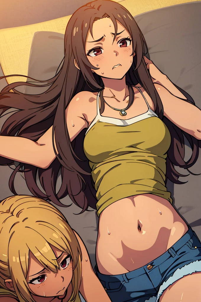 tan skinned anime woman wearing a cami top and high waist jeans, famished in hunger, (necklace), (gently resting hands on stomach), (sweating), (lying down), (long hair), (hands on stomach)