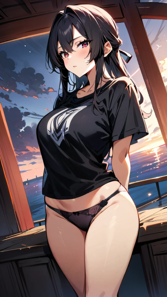 (masterpiece, best quality:1.2), 1girl, solo,
long hair, shinobu kochou, falda corta, playera negra corta, muslos grandes, pechos grandes, muslos grandes, medias, panties