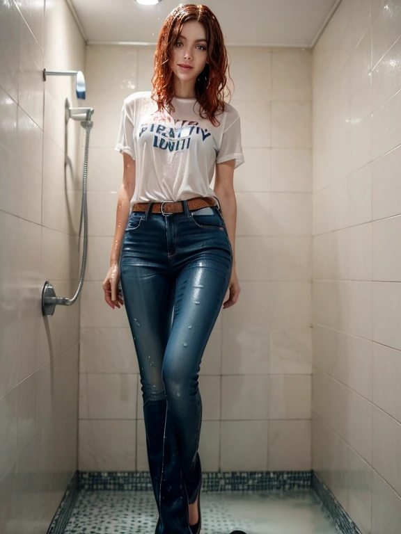 (Wide flares on jeans:1.2), (Water-soaked clothing:1.17), (Best Quality,high resolution,bokeh:1.2),two woman,Pronounced wrinkles,red hair,Bob haircut,Detailed eyes and face,tshirt,(standing:1.0),(gloomy ecstasy:1.1), Posing, standing in a shower under the spray, SoakingWetClothes, black high heel pumps, ((show heels)), jeans are wrinkled from wetness,  (((wet hair)))