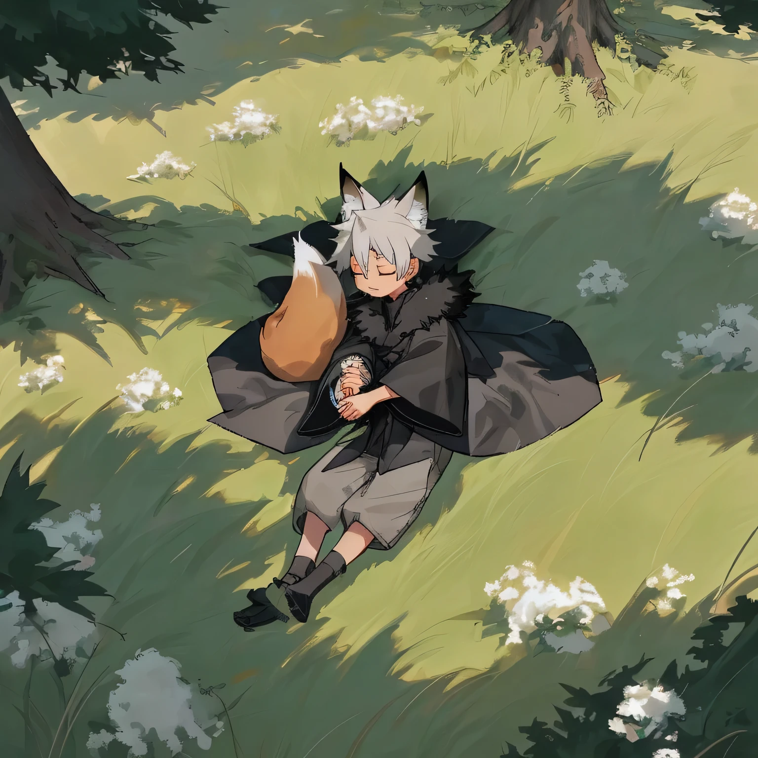 juvenile,Fox,Boy covered in black fur,Long sleeves in thin fabric,Short trousers,Furry,spring,grassland,Big tree,Juvenile sleeping at the base of a tree,A weak wind is blowing,((Composition seen from directly above)),Little Boy,fox,Black Fox Ears,Black Fox Tail,Fluffy fur