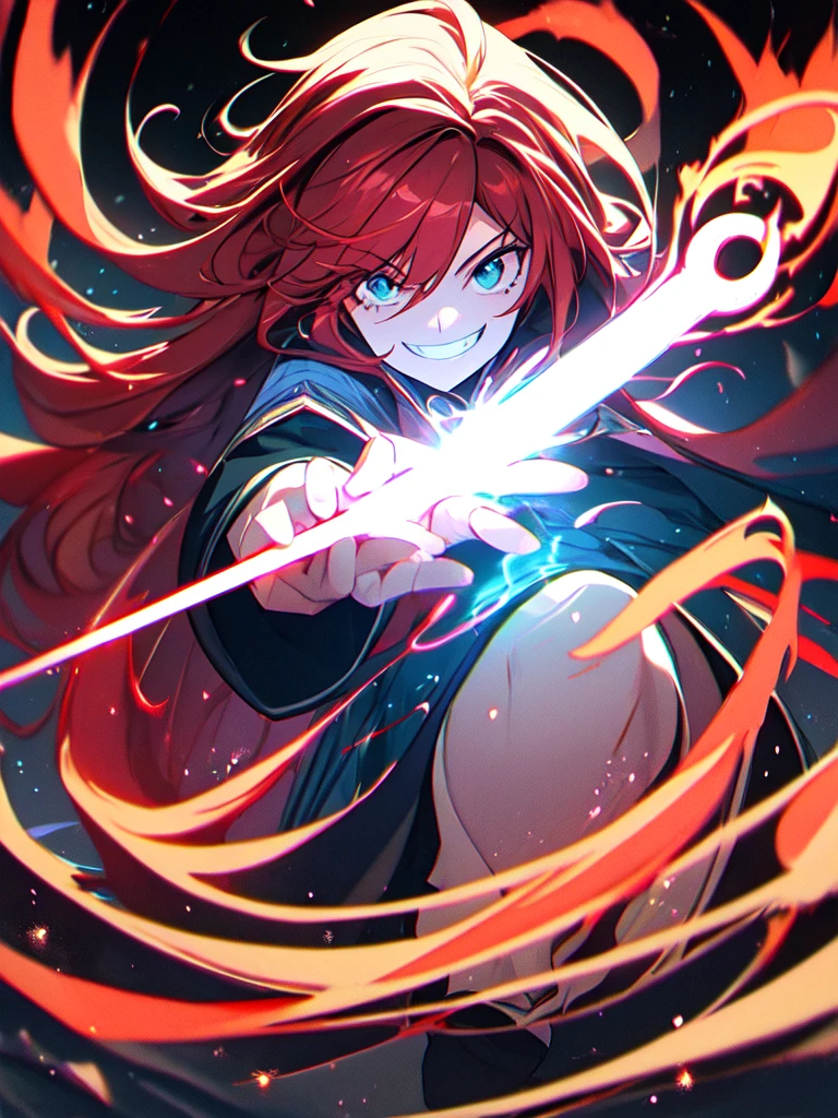 (best quality),(ultra detailed),(extremely detailed),(absolutely resolution) ,solo, absurdres,8k, 1girl,full body,  wizard, holding magician's staff, grin, ultra detailed eyes, beautiful eyes, long hair, messy hair, (red hair:1.2), 