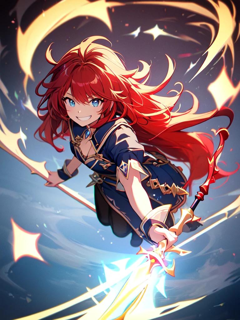 (best quality),(ultra detailed),(extremely detailed),(absolutely resolution) ,solo, absurdres,8k, 1girl,full body,  wizard, holding magician's staff, grin, ultra detailed eyes, beautiful eyes, long hair, messy hair, (red hair:1.2), 