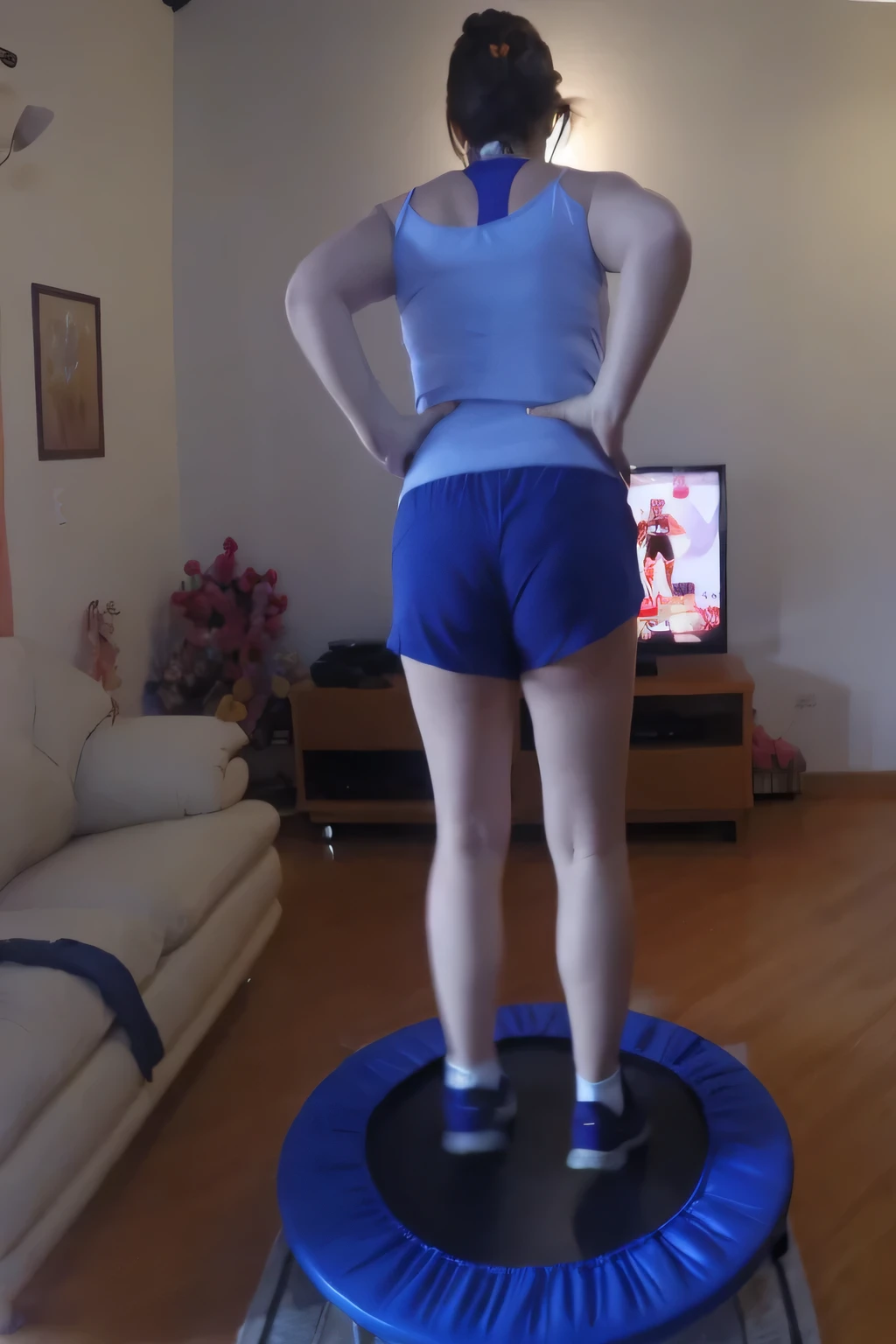 woman standing with her back on a trampoline in a living room with a sofa, jumping, dancing woman, in action pose, triumphant pose, full figure close-up. Wearing blue shorts and a blue top. Slim body, slim waist. Her body exudes glamor and her face is the definition of beauty. Test, highly realistic, reddish skin, beautiful, slightly full lips, red lipstick, feeling of lightness and joy, hyper-realism, very elaborate skin, direct look. Full body photo, clear and high quality photo. Beautiful woman, extremely sexy, very sensual. Masterpiece: 1.3, high resolution, (photographically realistic), 8k, NUDE, NUDITY, NFSW.