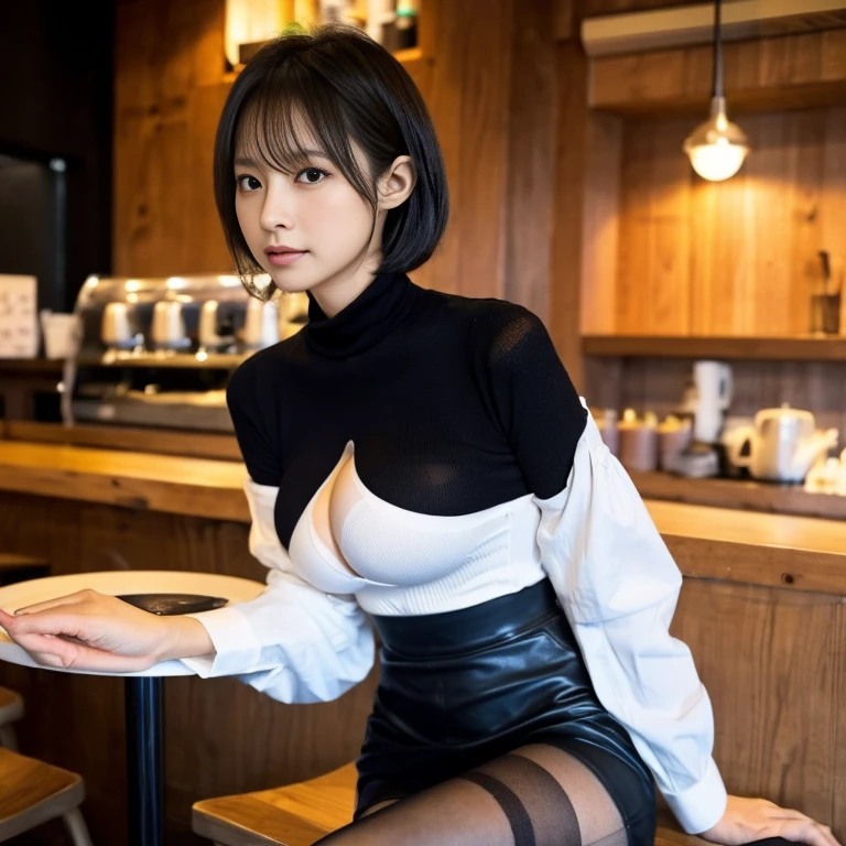 芝生の上に座ってDrinking coffee女性がいます, At the coffee shop, sitting in a cafe, sitting in a cafe alone, Drinking coffee, Drink coffee, Mysterious Coffee Shop Girl, ((in white turtleneck shirt)), At the coffee shopコーヒーを楽しむ, Japanese Girls, 8k)), Sitting alone in a café, Drink bubble tea、(black tights、thin tights,20 denier tights)、(Clothing that accentuates the contours of the body,big breasts:1.4)、Short Hair