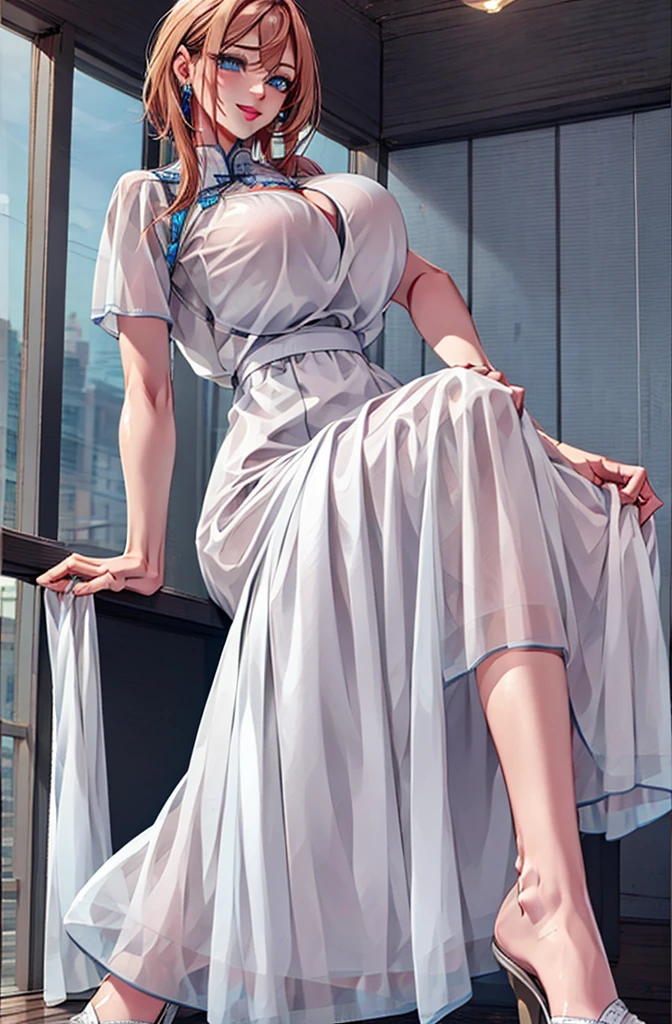 ,, short waiting time, short hair, Lipstick, Wide hips, Huge breasts, , Huge breasts, Cleavage close-up，milf,Red hair, Long hair, Lipstick, cosmetic, , (blue eyes), Perfect eyes, earrings, Smile, blush, walk,*Priestess, pullover, , walk flip flops, Long skirt, medieval clothing, Solitary, Flower crow, staff, wizard, whole body, flip flops, Medieval Village, dragon, Long skirt, Big Skirt, Pants,, Chinese clothes