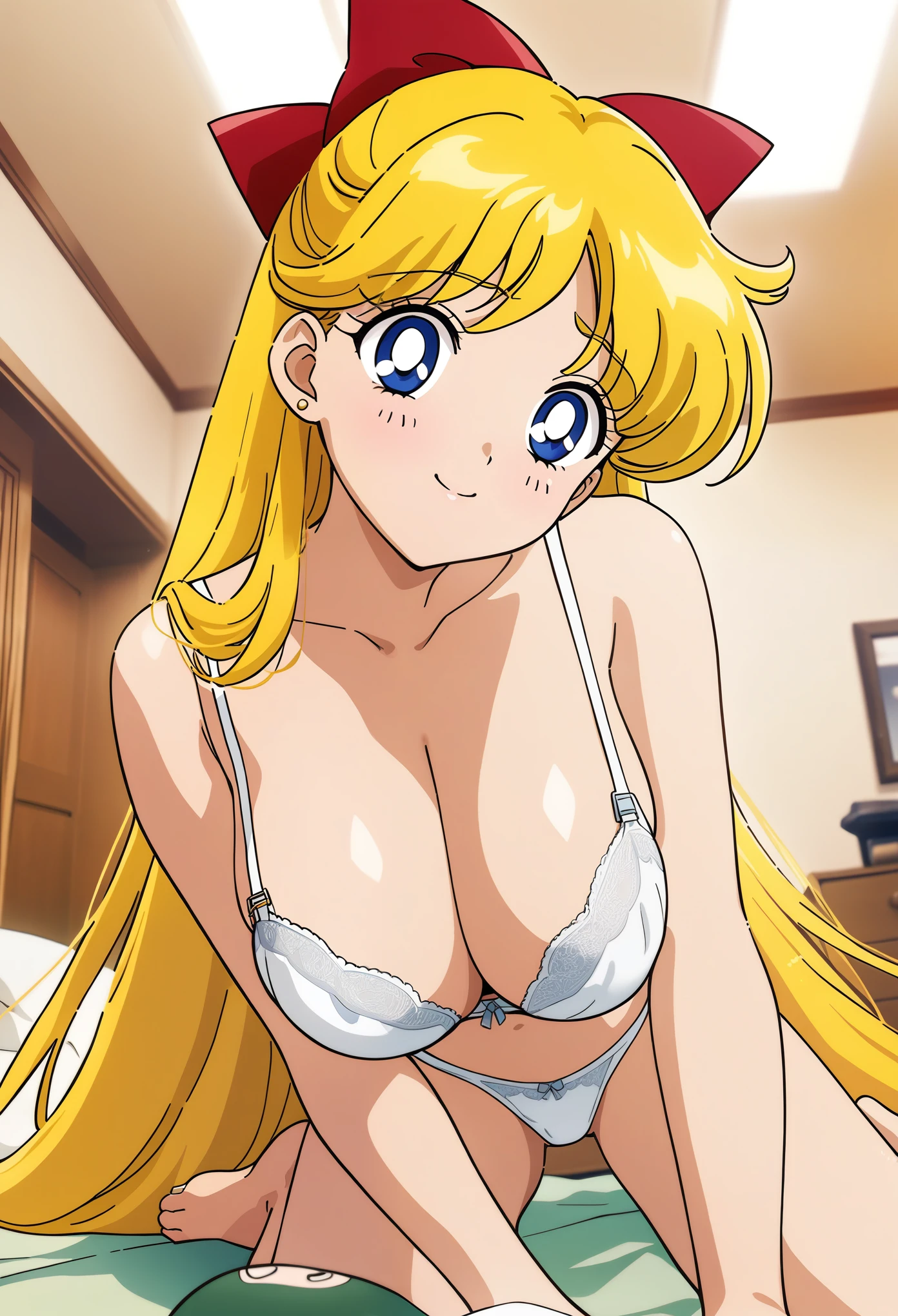 masterpiece, best quality, very aesthetic, absurdres, aavenus, BREAK,official art, anime screencap, 1girl, , big eyes, white lace bra, huge breasts, long hair, blonde hair, hair bow, blue eyes, blush, smile, indoors, bedroom, (1990s (style):0.8), looking at viewer, sitting, wariza, from below